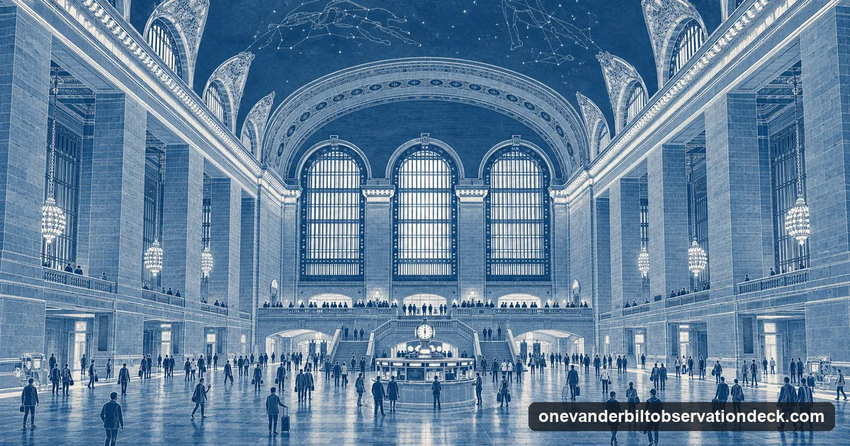 An architectural cyanotype of Grand Central Terminal's main concourse with its information booth clock