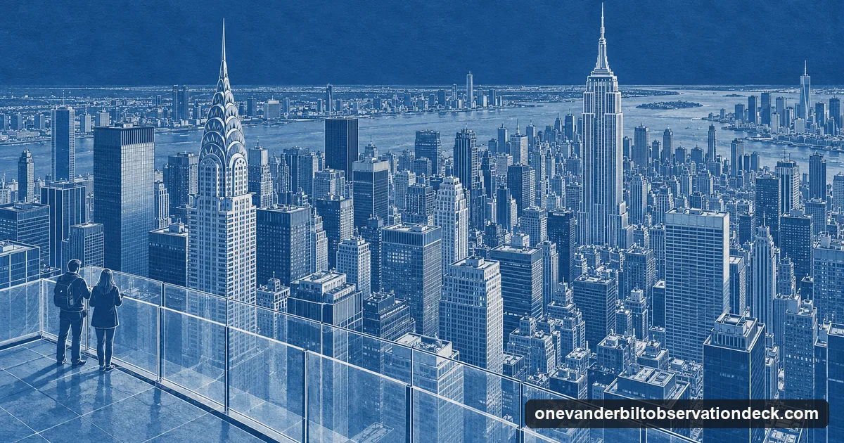 An architectural cyanotype of the Midtown Manhattan skyline from a high observation terrace