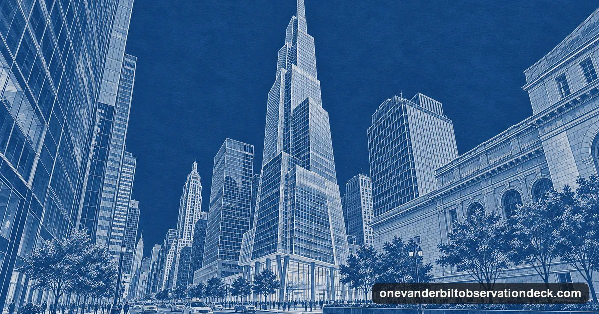 An architectural cyanotype of the One Vanderbilt tower rising above Midtown Manhattan