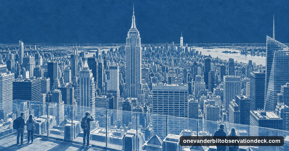 An architectural cyanotype of the view south from Top of the Rock's terraces to the Empire State Building